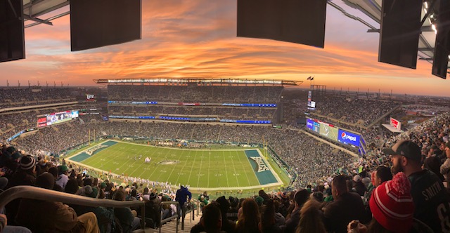 Wide shot of the Eagles football stadium filled with fans